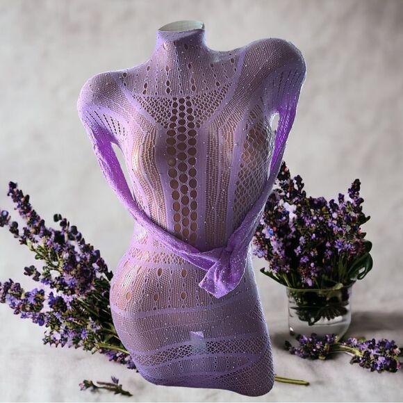 Feels Good On l Violet High neck Dress l Rhinestone Throughout l Long sleeve New - Picture 7 of 9